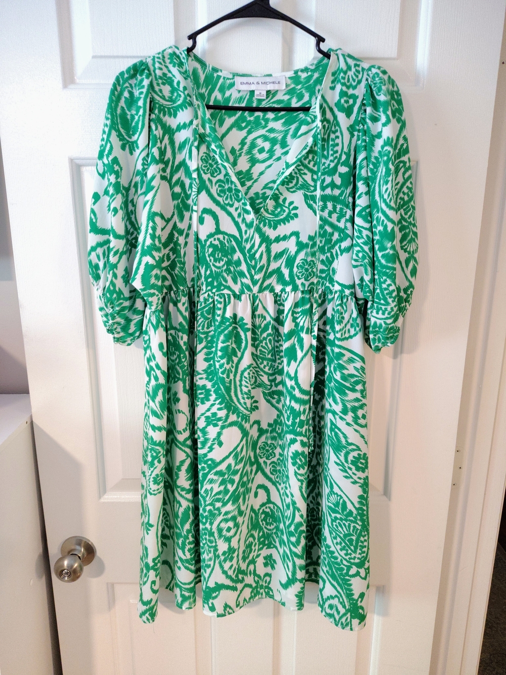 Emma & Michele Green and White Paisley V-Neck Dress